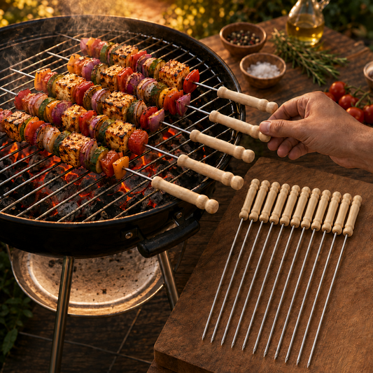 Stainless Steel BBQ Skewers – Reusable Grilling Sticks with Wooden Handle