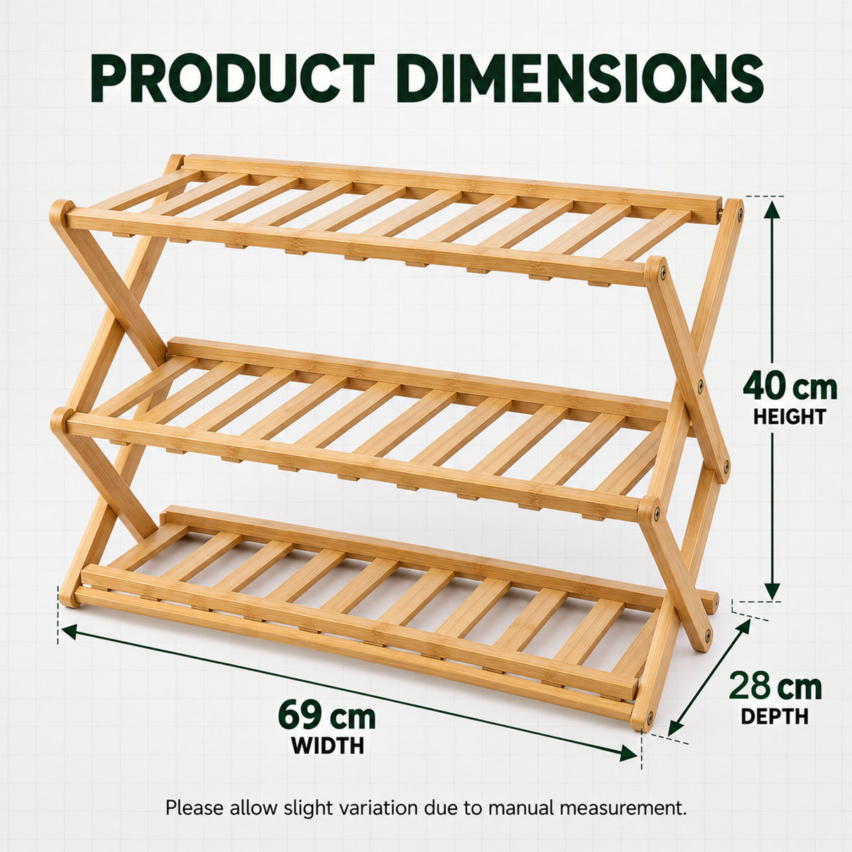 Foldable three layer bamboo storage rack - dimensions