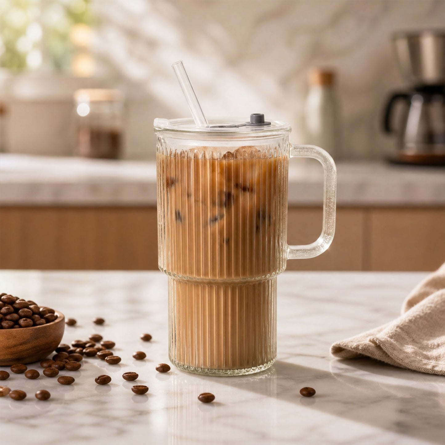 Glass tumbler lid straw handle