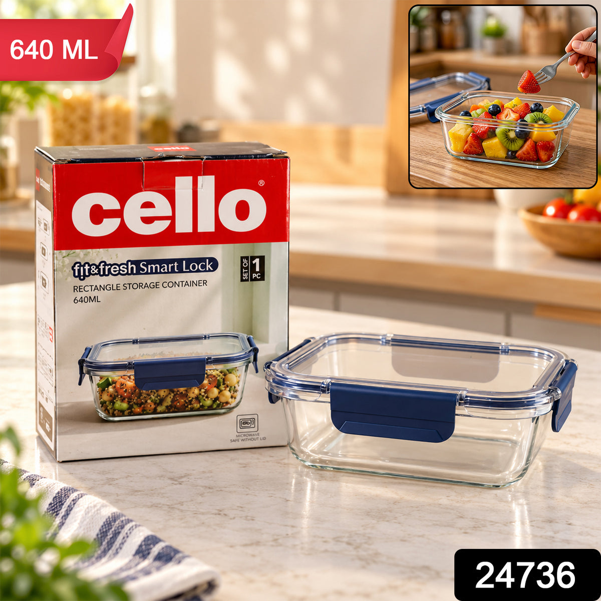 Cello 640ml Rectangular Glass Food Storage Container with Smart Lock Lid (1 Pc)