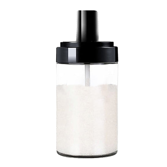 Single glass spice jar with attached spoon and leakproof lid