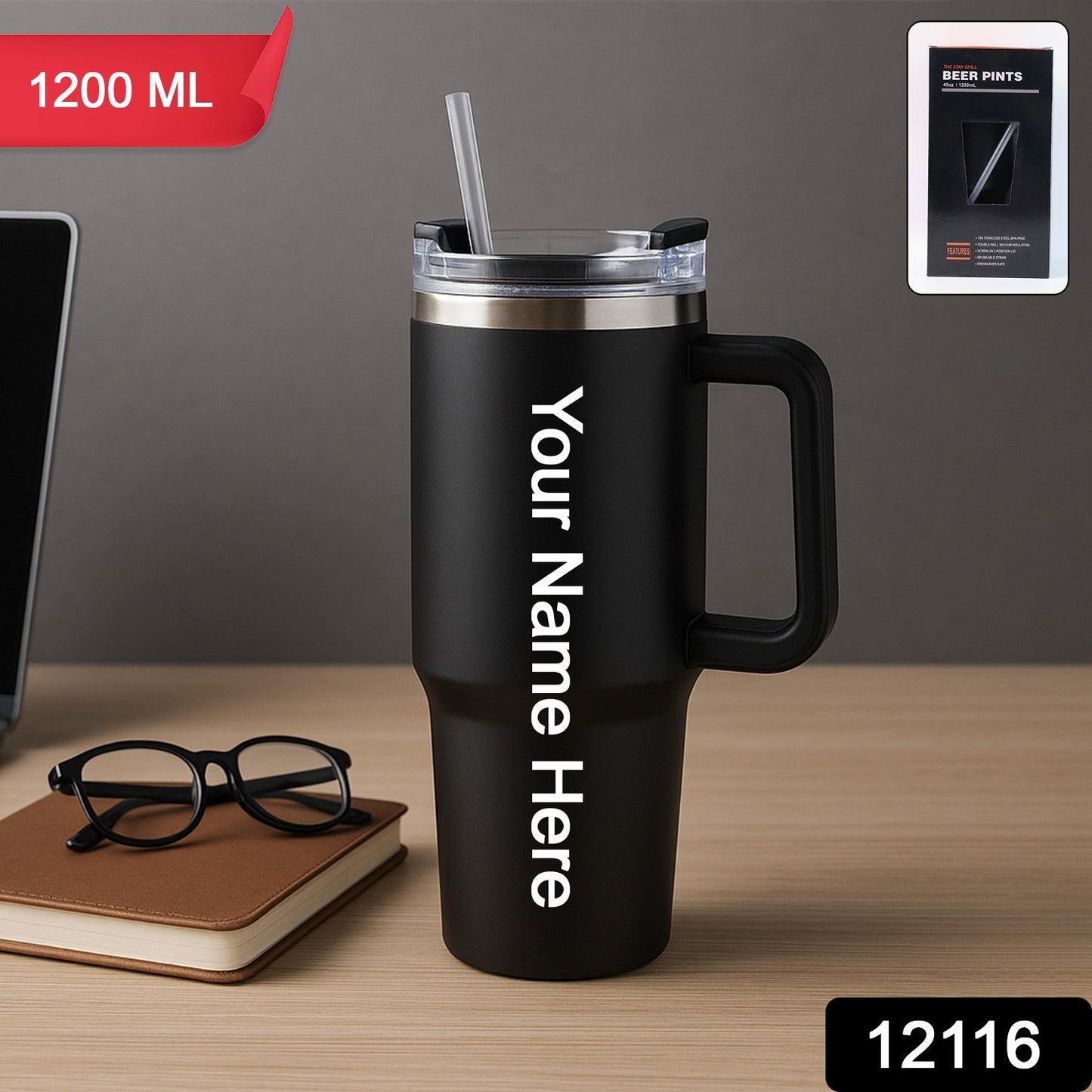 Customize / personalized Premium 1200 ML Stainless Steel Vacuum Insulated Travel Mug with Straw and Handle (1200ML / 1 Pc)