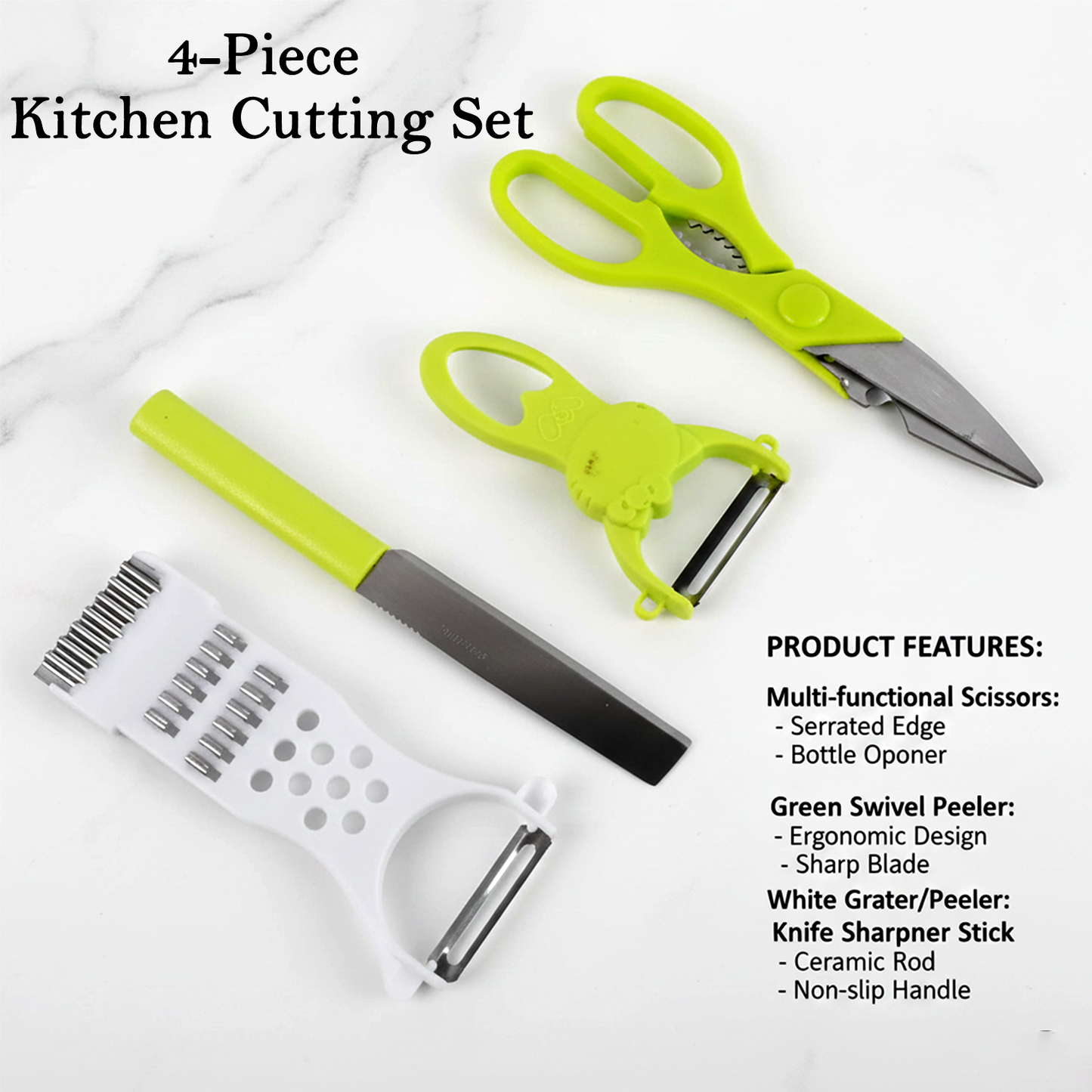 4-Piece Kitchen Cutting Set: Scissors, Peeler, Grater / Slicer, and Knife