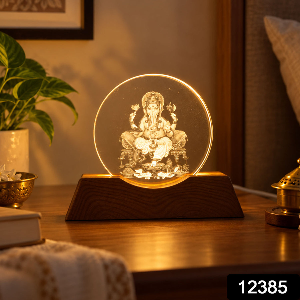 3D Ganesha LED Lamp with Wooden Base for Home and Pooja Decor (1 Pc)