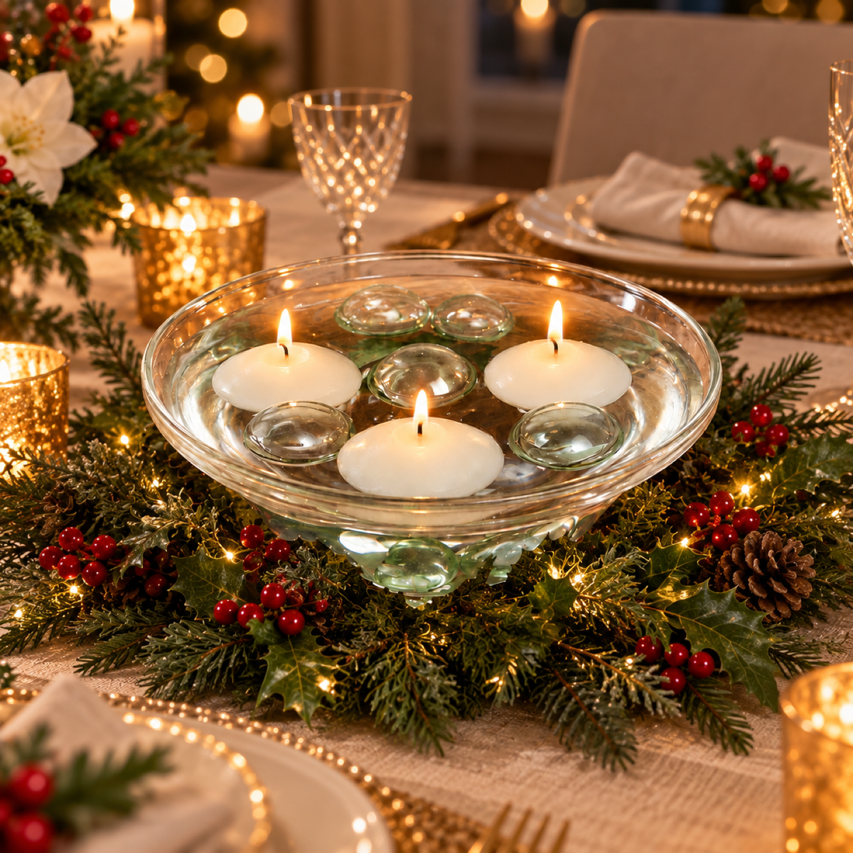 A glass bowl with three lit floating candles and green glass pebbles, surrounded by a festive holly garland on a decorated