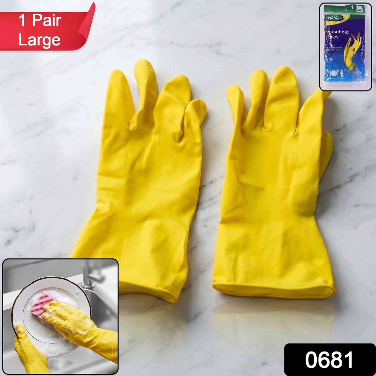 Pair of yellow dishwashing gloves large size