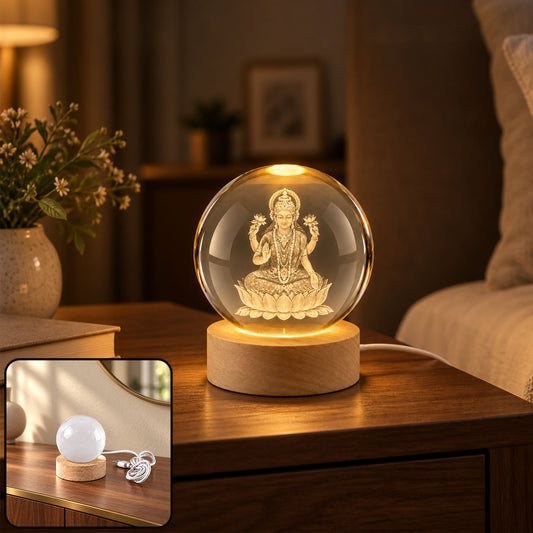 Laxmi Ji crystal ball lamp with illuminated wooden base