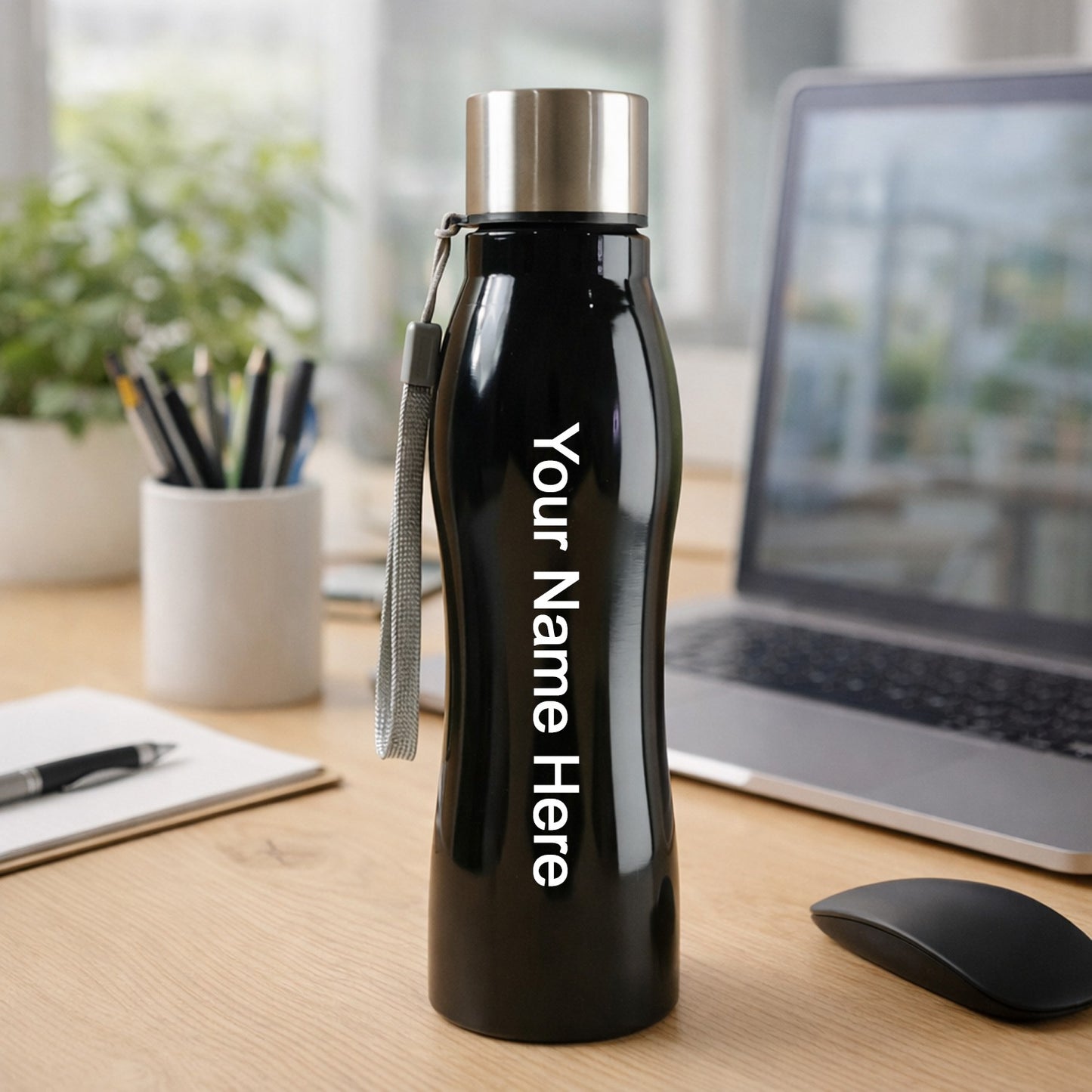 Customize stainless steel water bottle with carry strap front view