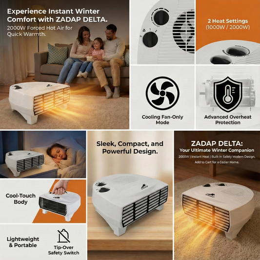 Zadap 2000W room heater with tip over safety and adjustable thermostat