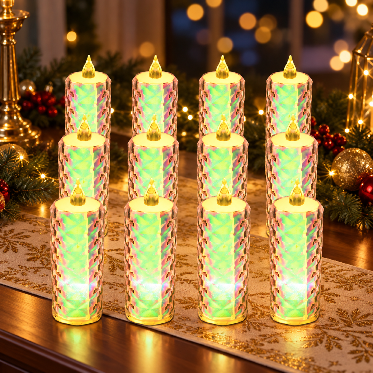 Twelve warm yellow LED tealight candles glowing in a festive setting