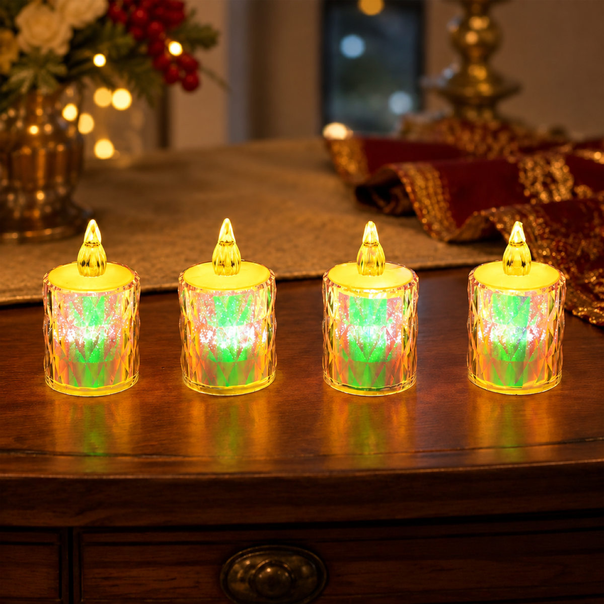 Four decorative LED tea lights with textured clear plastic bodies glow green and yellow on a wooden table.
