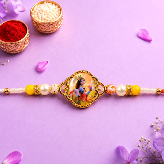 Lord Krishna Rakhi – Elegant Designer Thread with Beads and Photo
