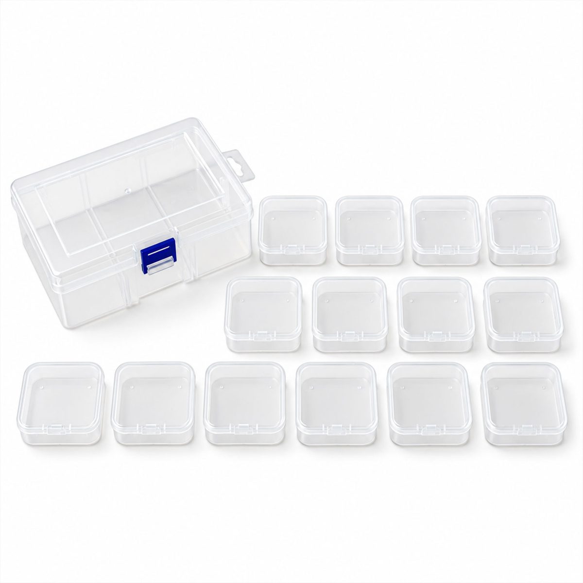 A clear plastic storage box with a blue clip and its lid closed, alongside twelve empty clear square mini cases arranged