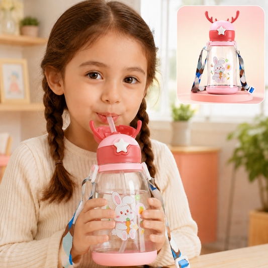 Kids Cartoon Water Bottle – Leakproof 450ml with Straw & Strap