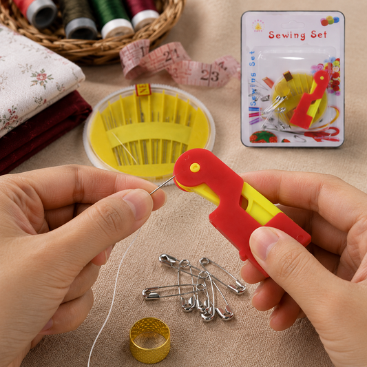 Hands using a red and yellow needle threader, with safety pins, thimble, and sewing supplies in background.