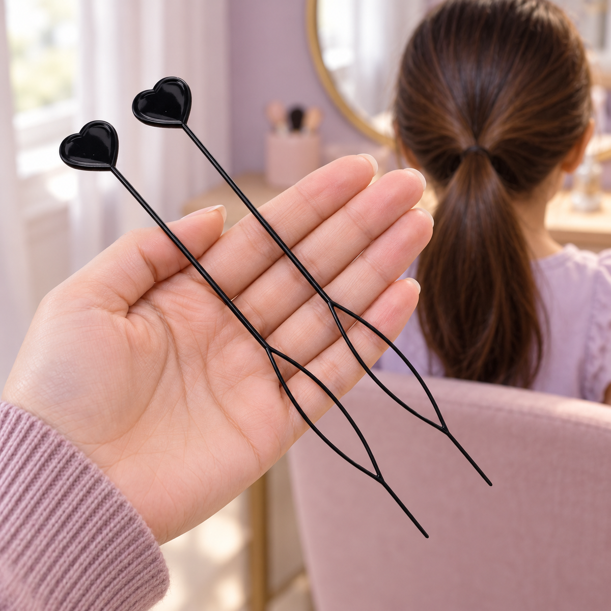 A hand holds two black hair styling tools with heart-shaped tops, in front of a person with a ponytail.