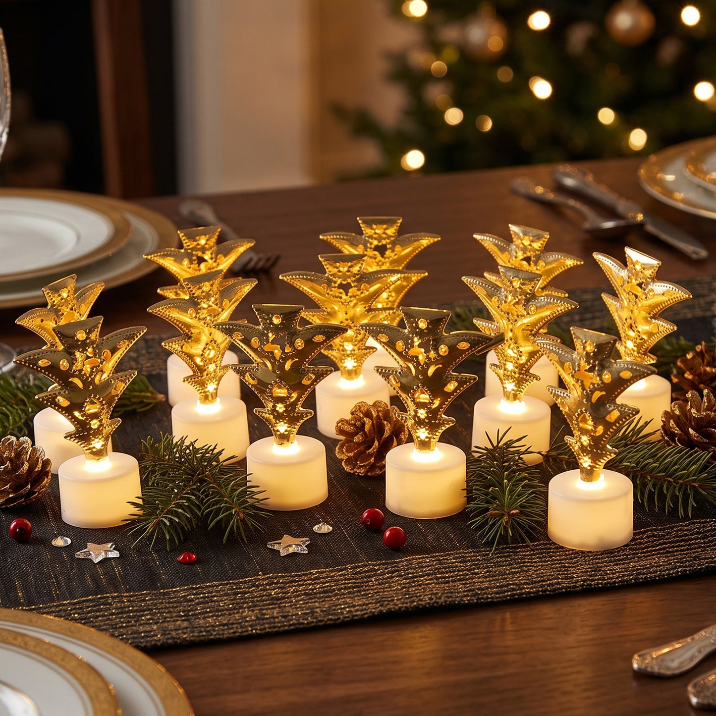 Golden Christmas tree LED tealight candles lifestyle view