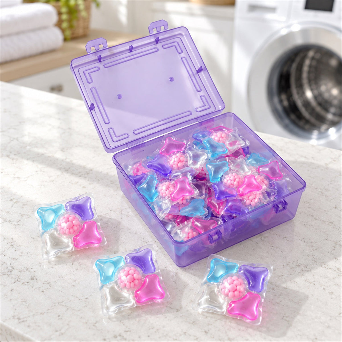 An open purple plastic box filled with colorful laundry detergent pods sits on a white countertop with three pods beside it.