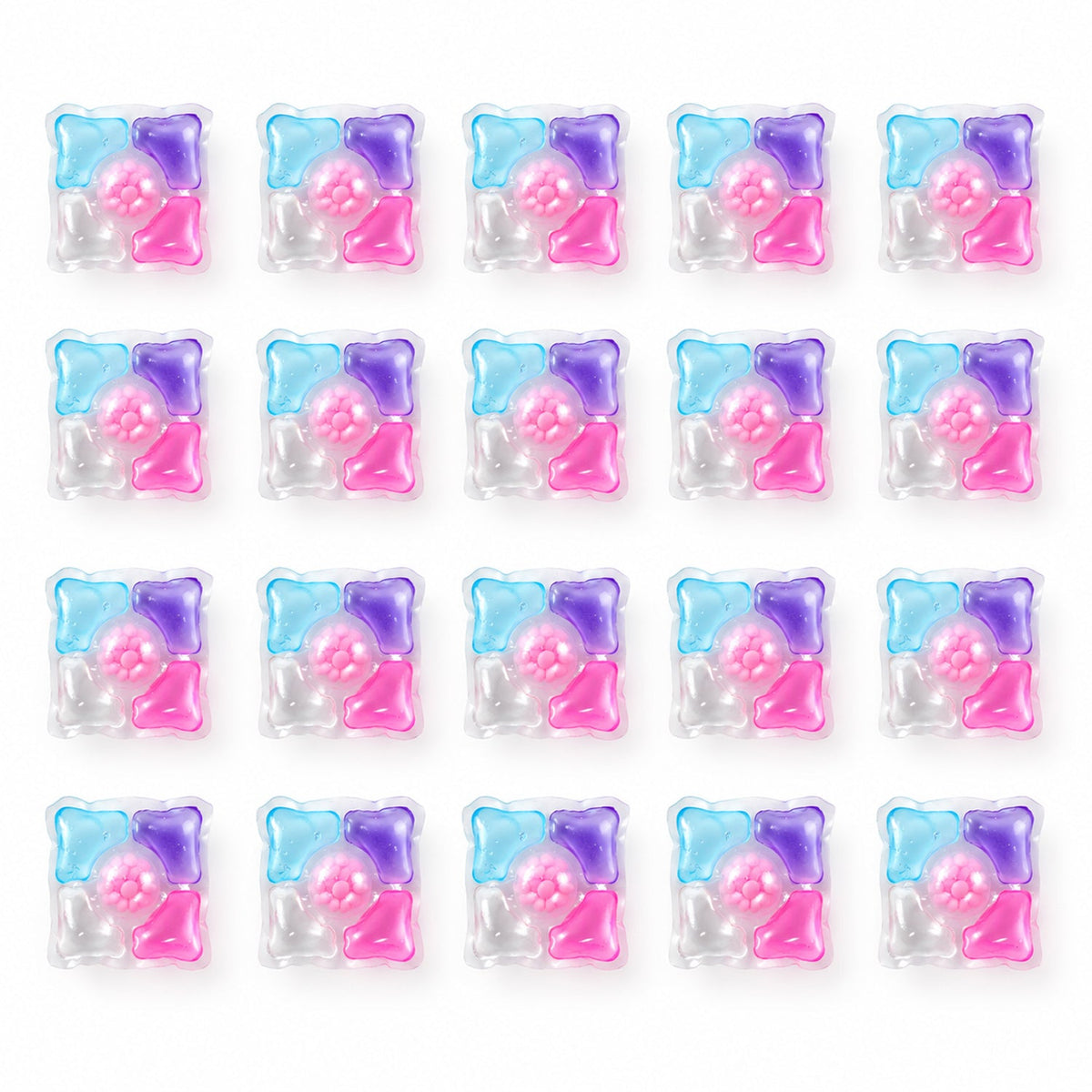 Twenty individual multi-colored laundry detergent pods are arranged in four rows of five on a plain white background.