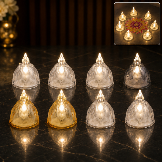 LED Flameless Decorative Diyas – Set of 8 Crystal-Style Lights