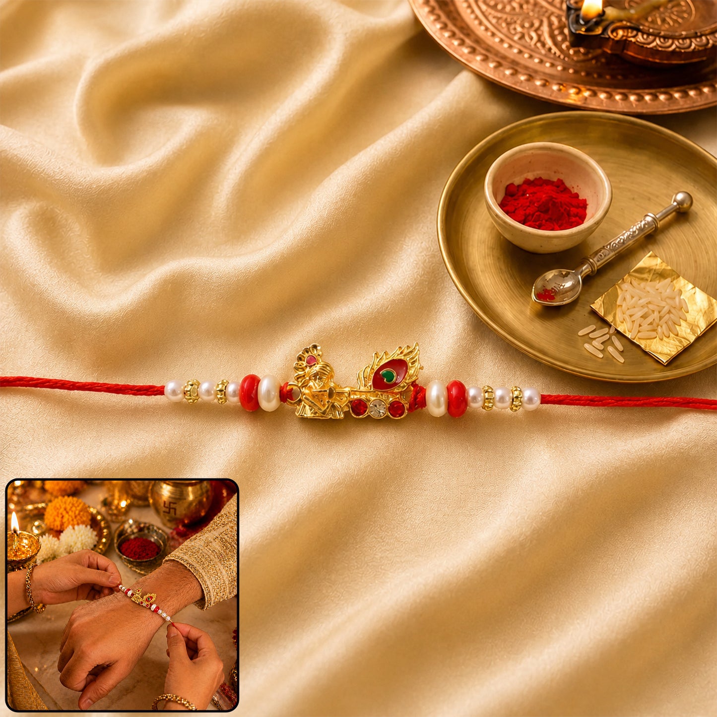 Krishna Mor Pankh Rakhi with Red Pearls and Festive Gold Charm