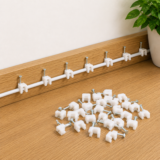 White plastic cable clips with nails holding a white cable along a wooden baseboard, with more clips scattered on the floor.