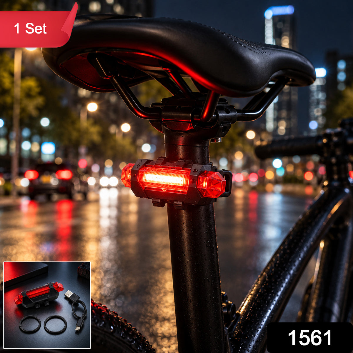 A red LED bicycle tail light is attached to a bike seat post, with a small inset showing the light and charging cable.