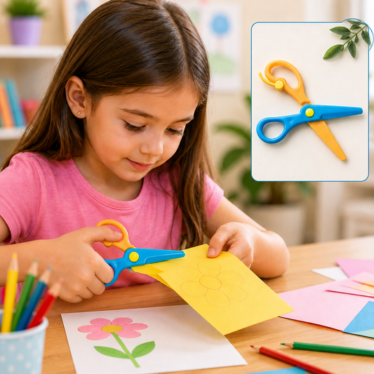 A young girl with long brown hair cuts yellow paper with blue and orange plastic scissors.