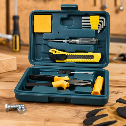 Open teal plastic toolbox on a wooden surface, displaying various yellow and black handled tools, including pliers,