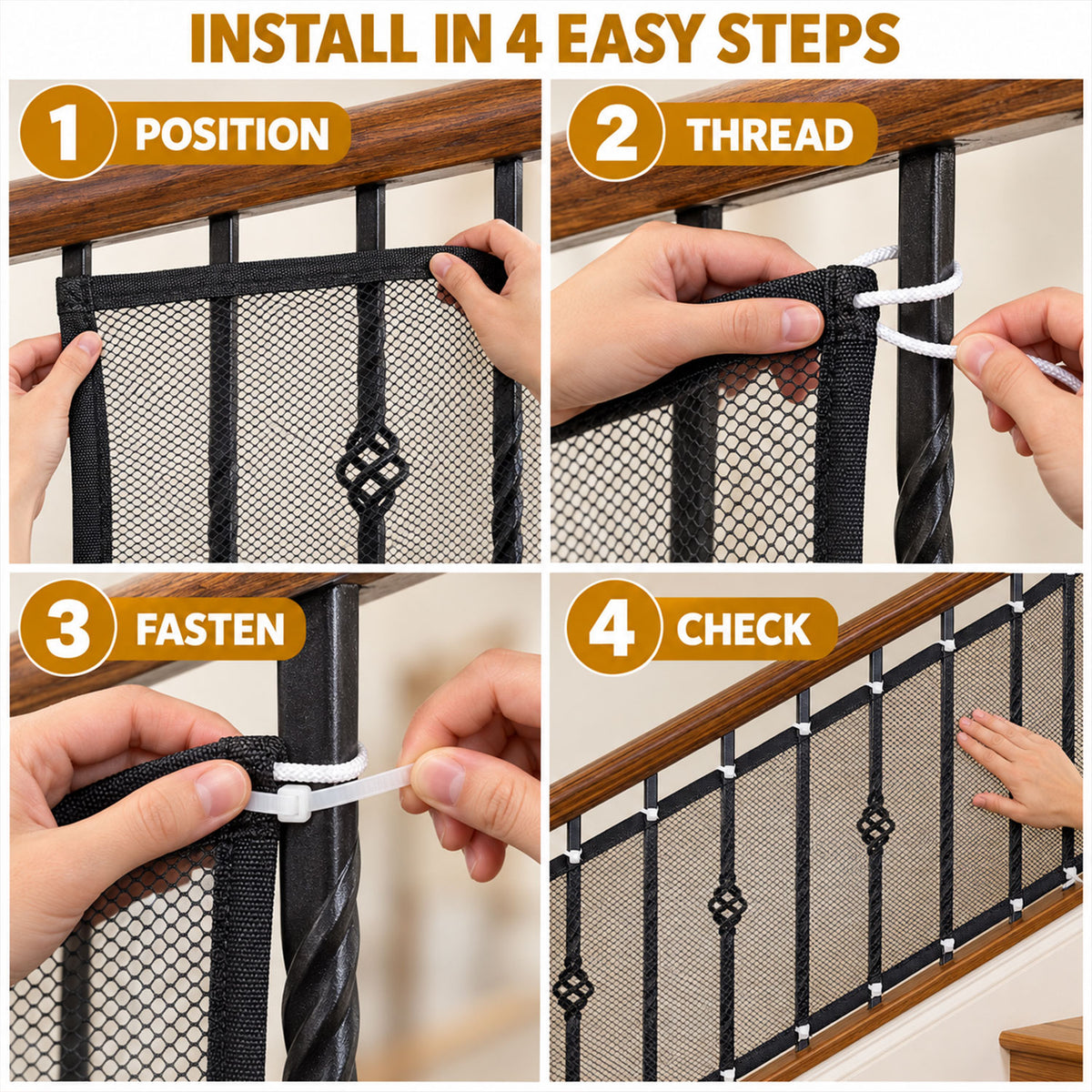 Positioning and fastening mesh to a railing