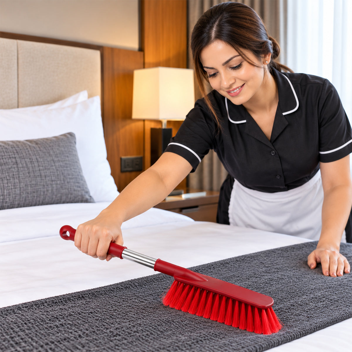 A smiling woman in a black and white uniform uses a red and silver brush to clean a gray bed runner.