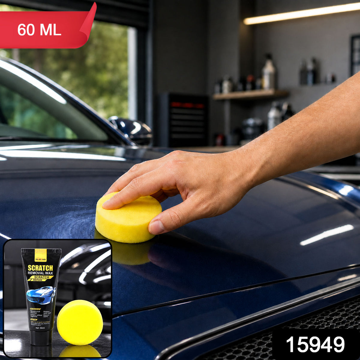 A hand applies yellow foam applicator with scratch removal wax to a blue car hood, with a 60ml label.