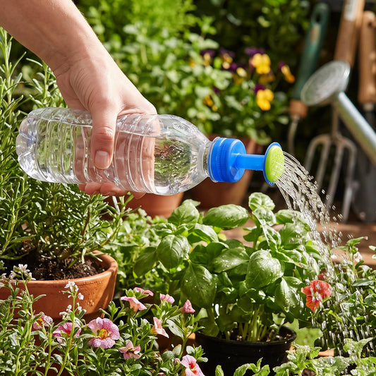 A hand holds a clear plastic bottle with a blue and green sprinkler cap, watering green plants in a garden.