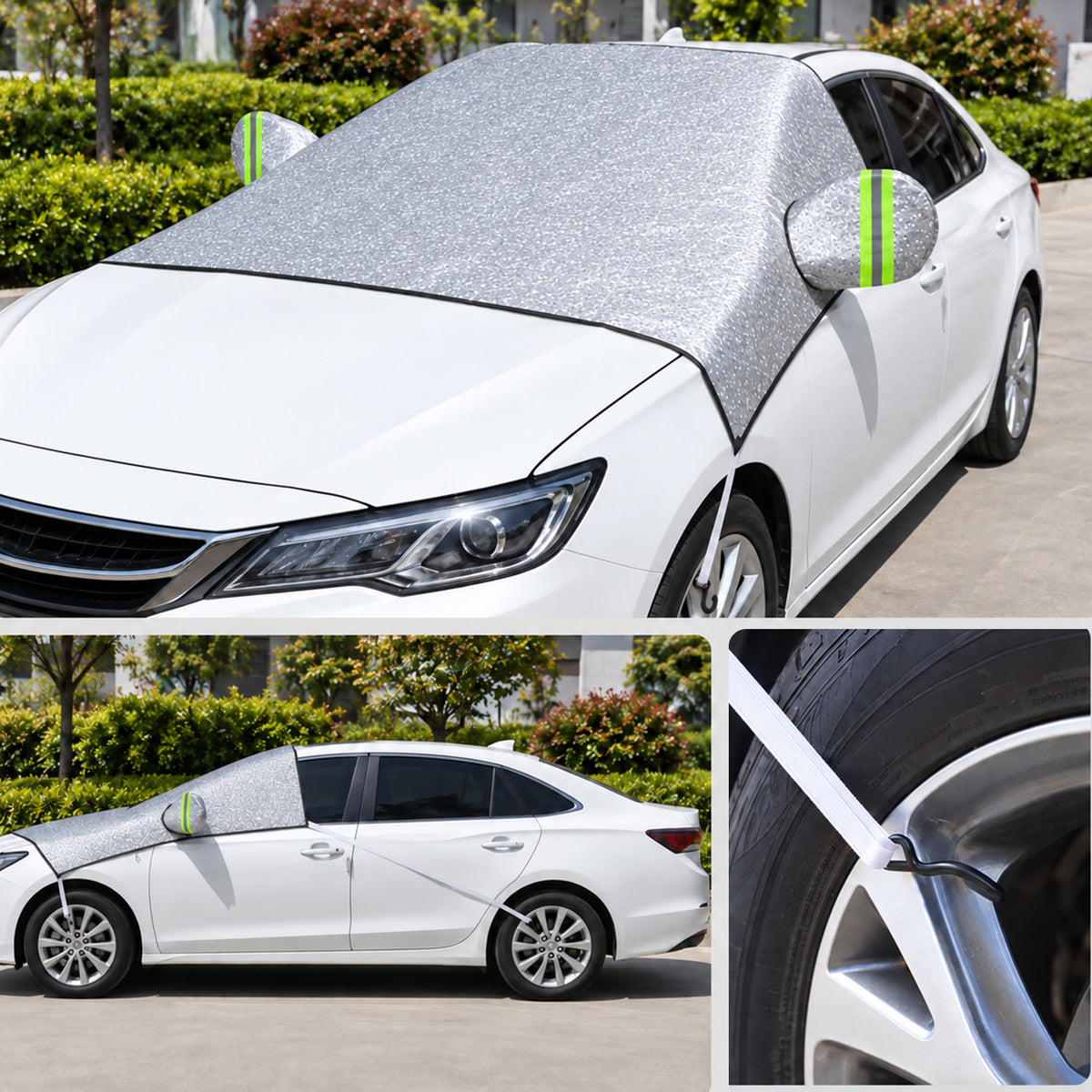 Exterior windshield cover fitted to a parked car