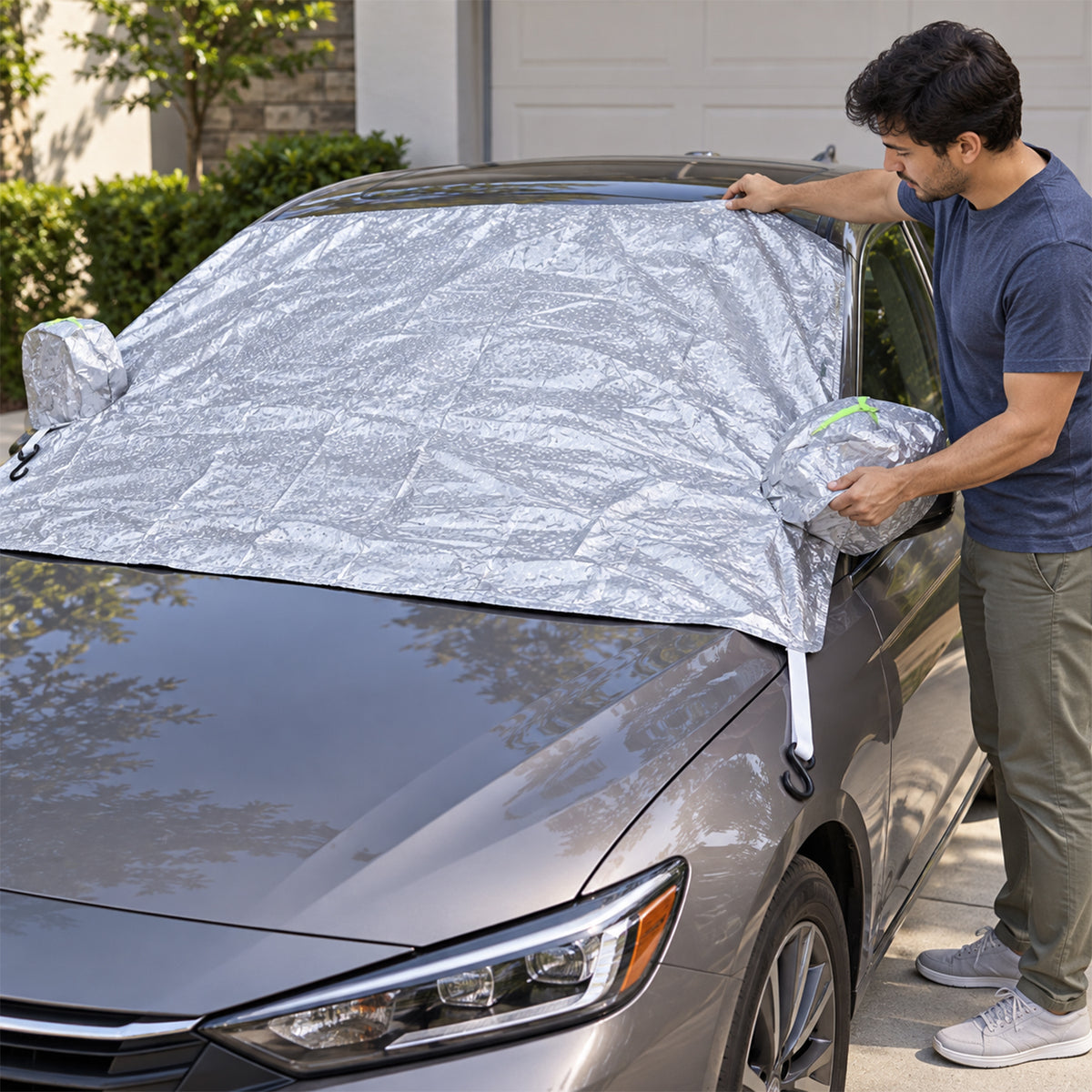 Windshield cover being positioned over a car
