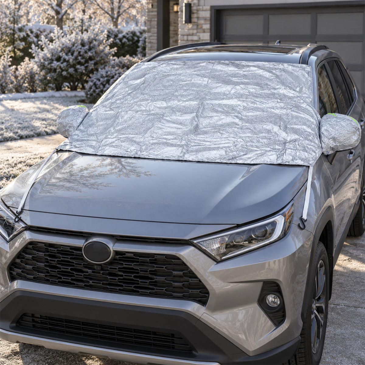 Windshield cover on a parked vehicle in winter
