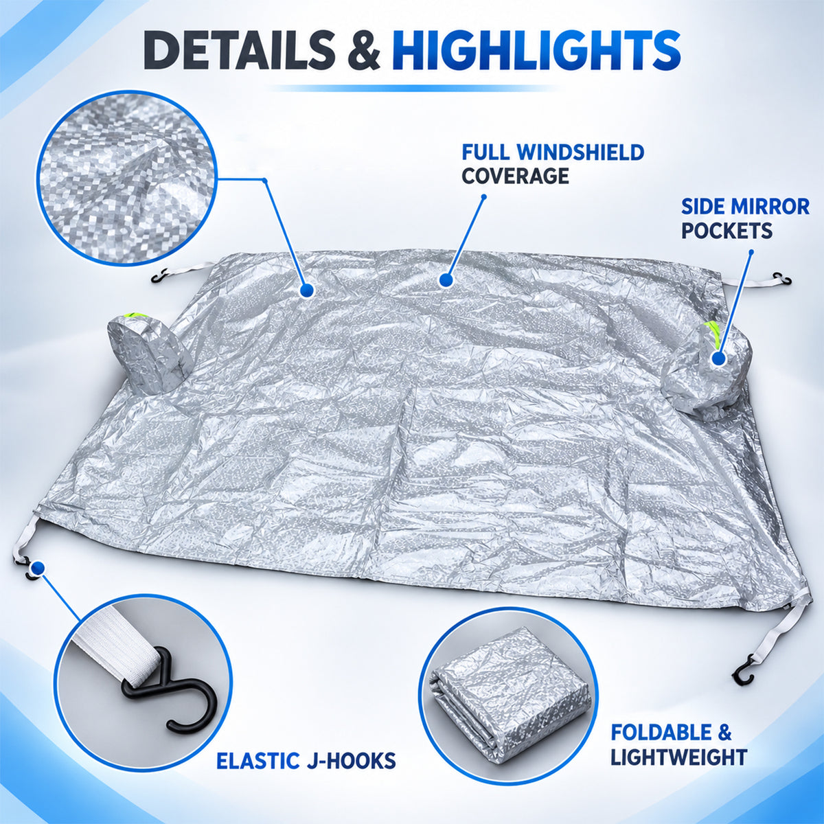 Mirror pockets elastic hooks and foldable cover details
