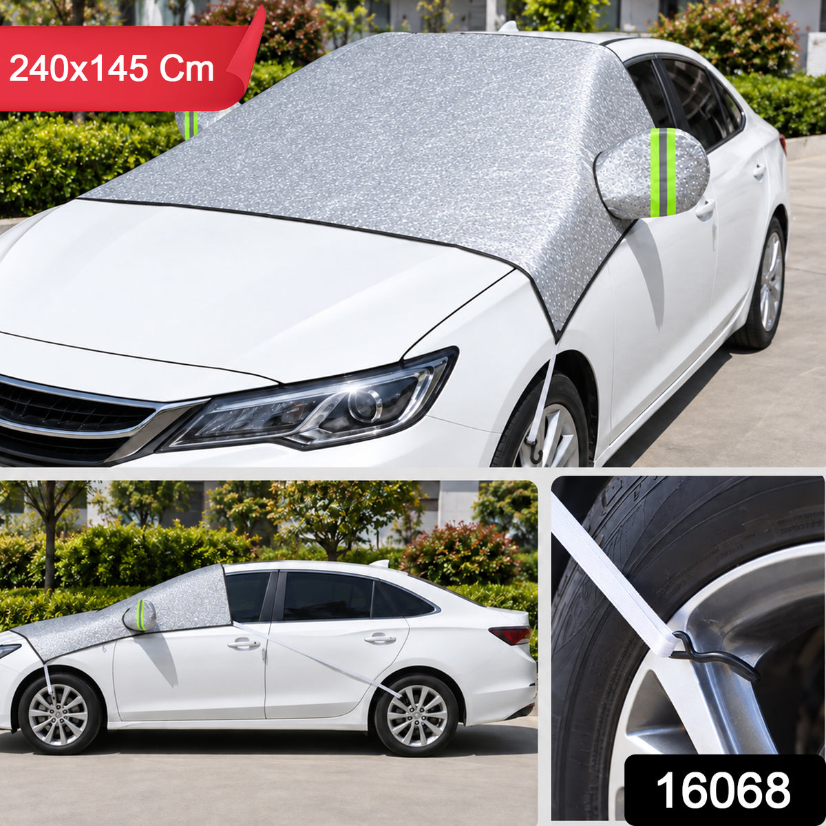 Windshield cover with product code 16068 and 240x145 cm label
