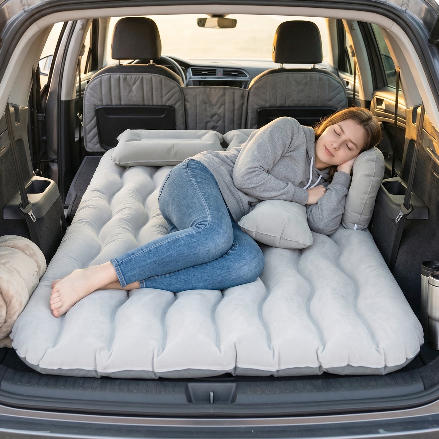 Woman Sleeping Comfortably on Car Air Mattress