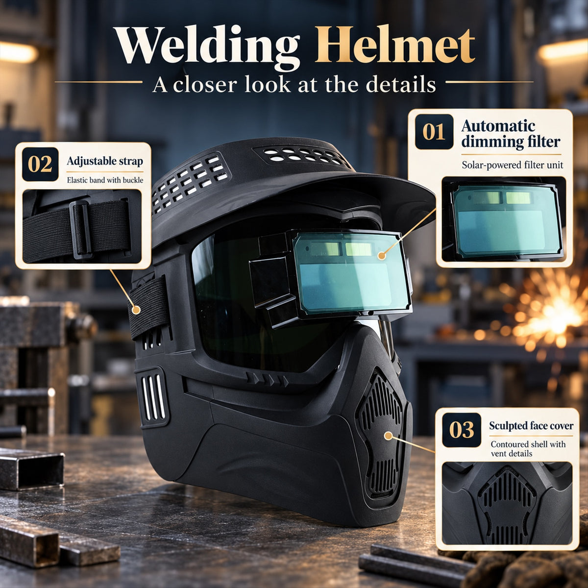 Automatic dimming welding mask - filter and strap details