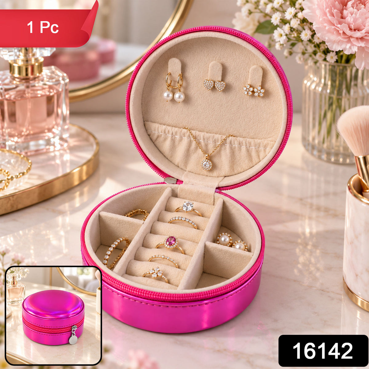 Round jewellery organizer box with product code 16142 and 1 Pc label