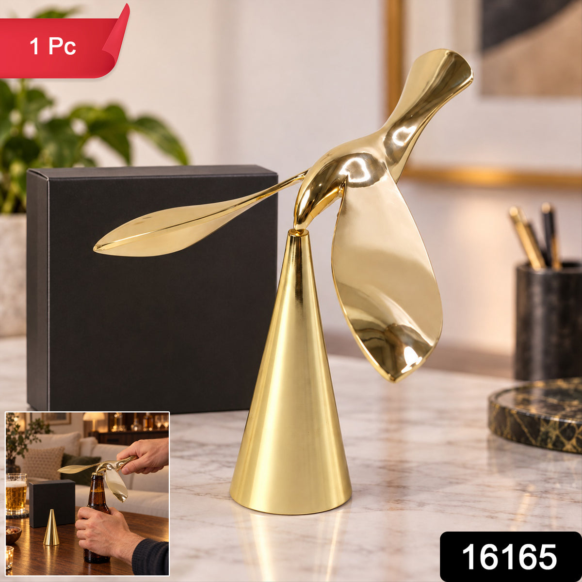 Golden flying bird balancing bottle opener with conical stand 2