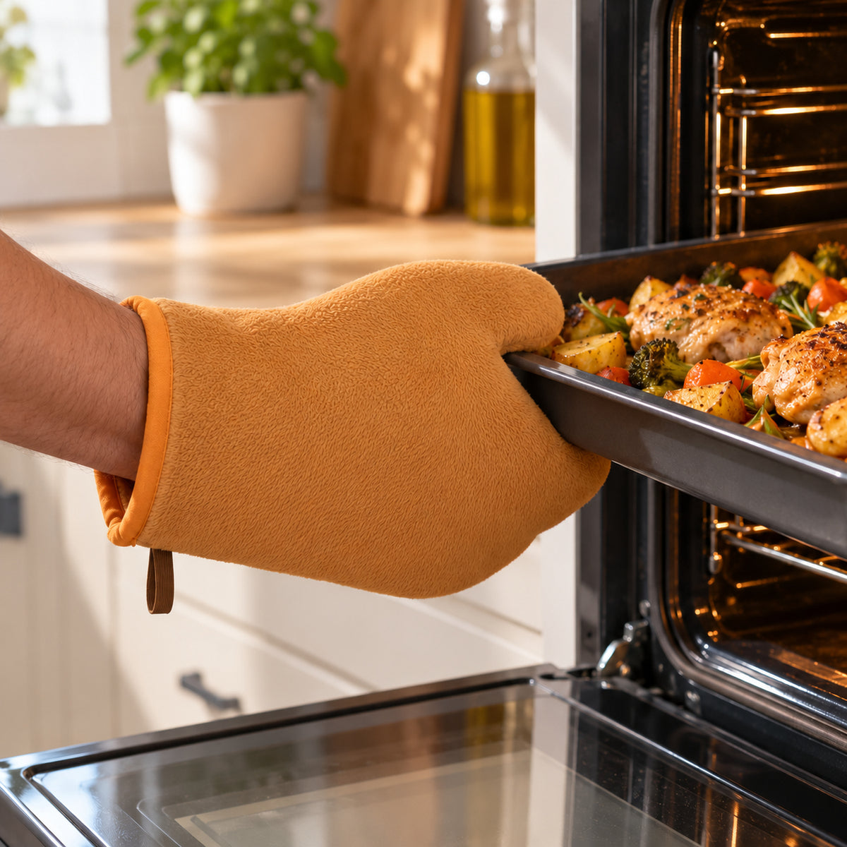 Reusable kitchen oven mitt with hanging loop 1