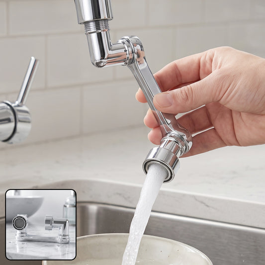 Flexible faucet head extender with rotating water flow