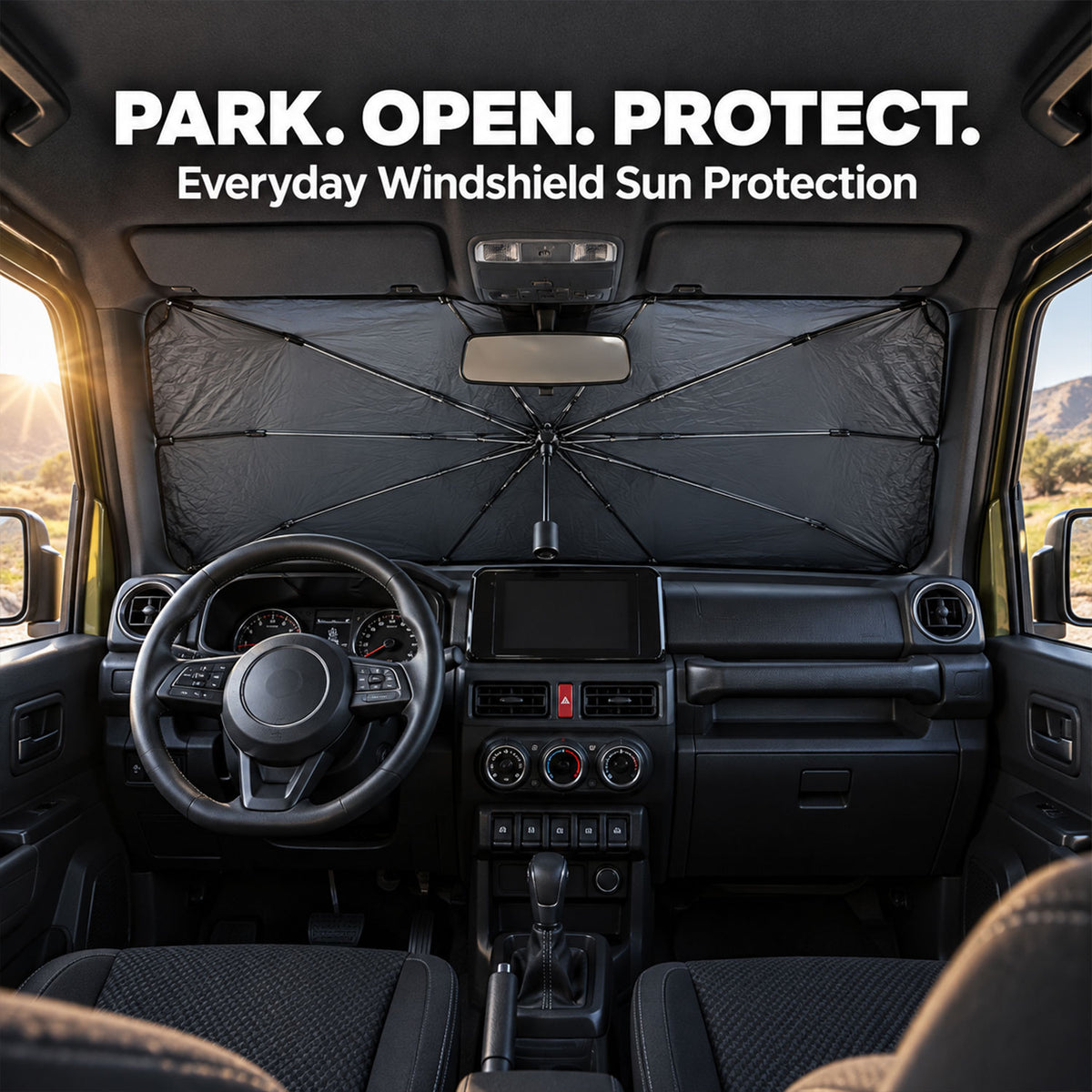 Interior windshield coverage with umbrella sunshade