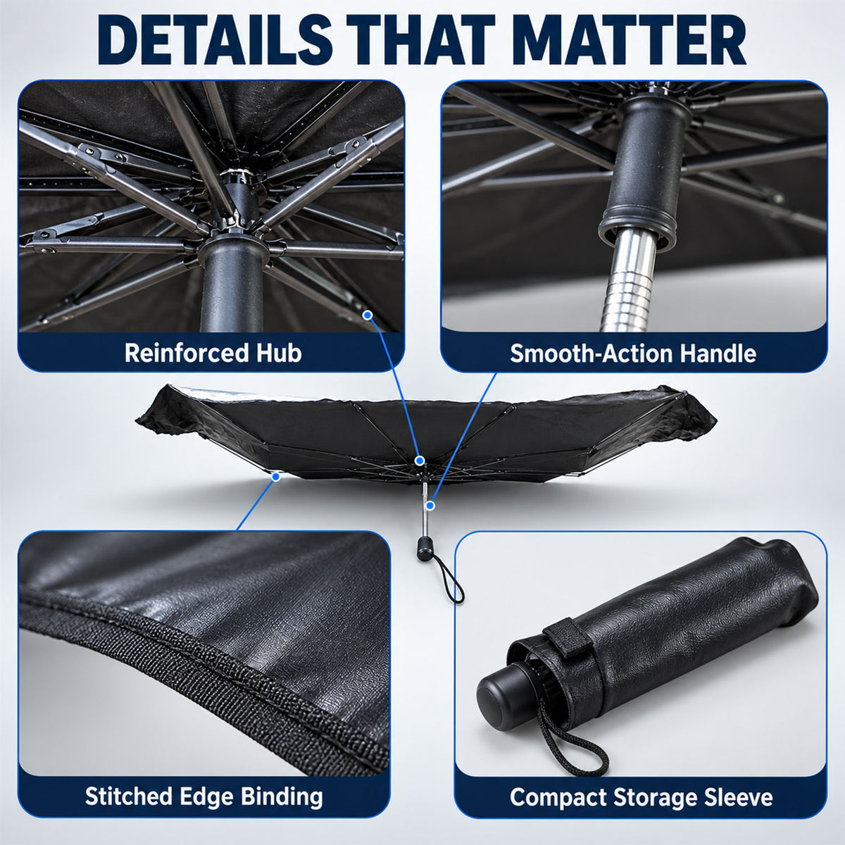 Umbrella hub handle edge binding and storage sleeve details