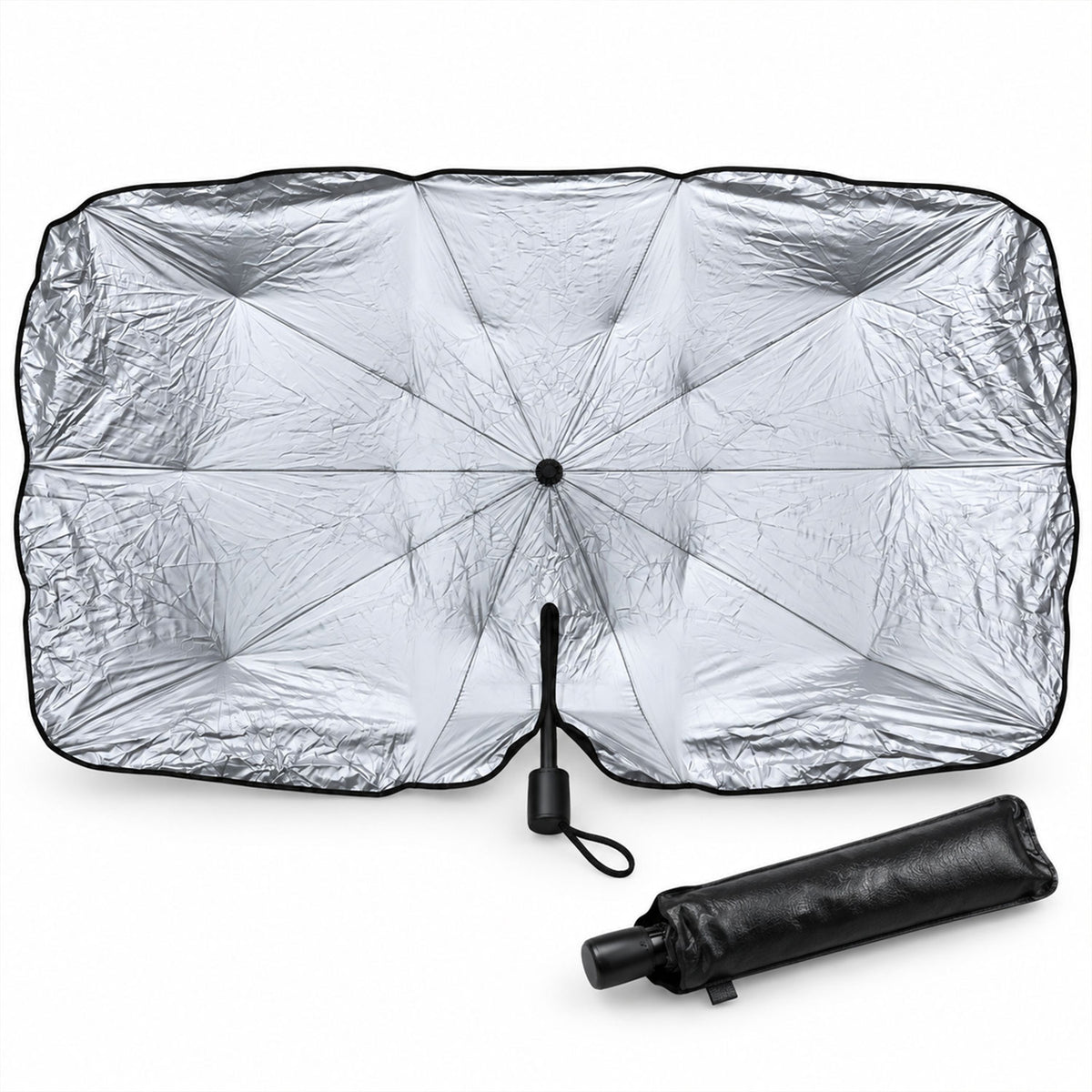 Open windshield umbrella and storage sleeve on white background