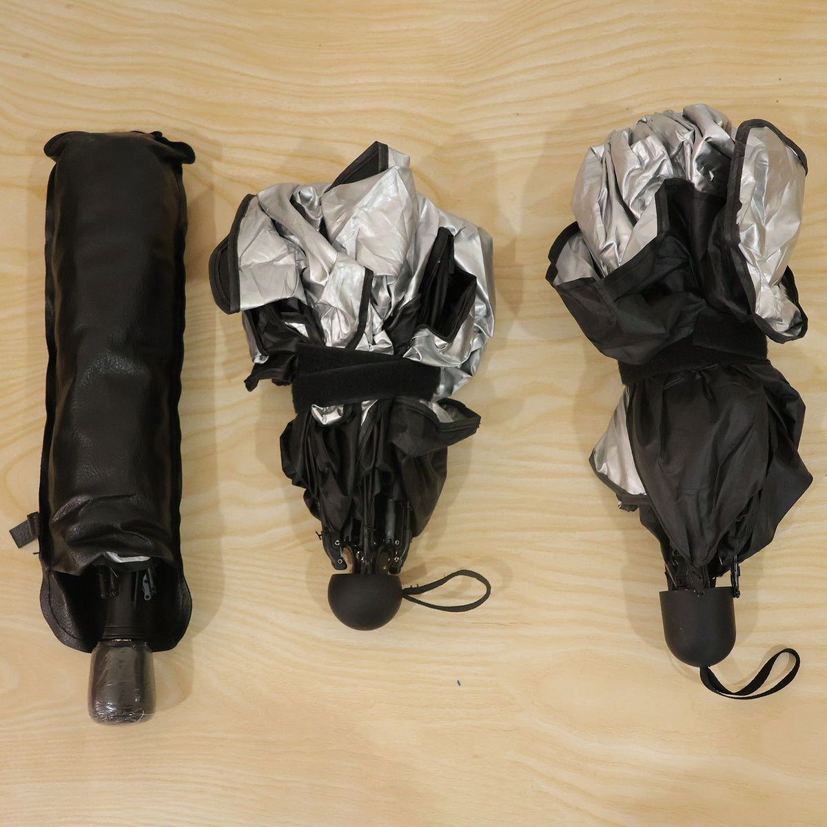 Actual photograph showing assorted folded windshield umbrella designs