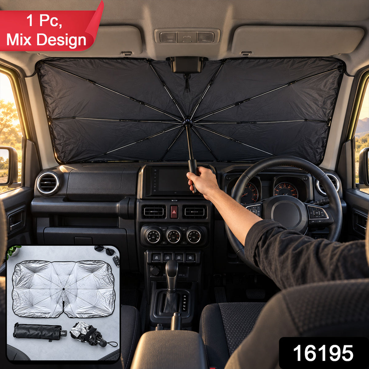 Windshield umbrella with product code 16195 and mix design label