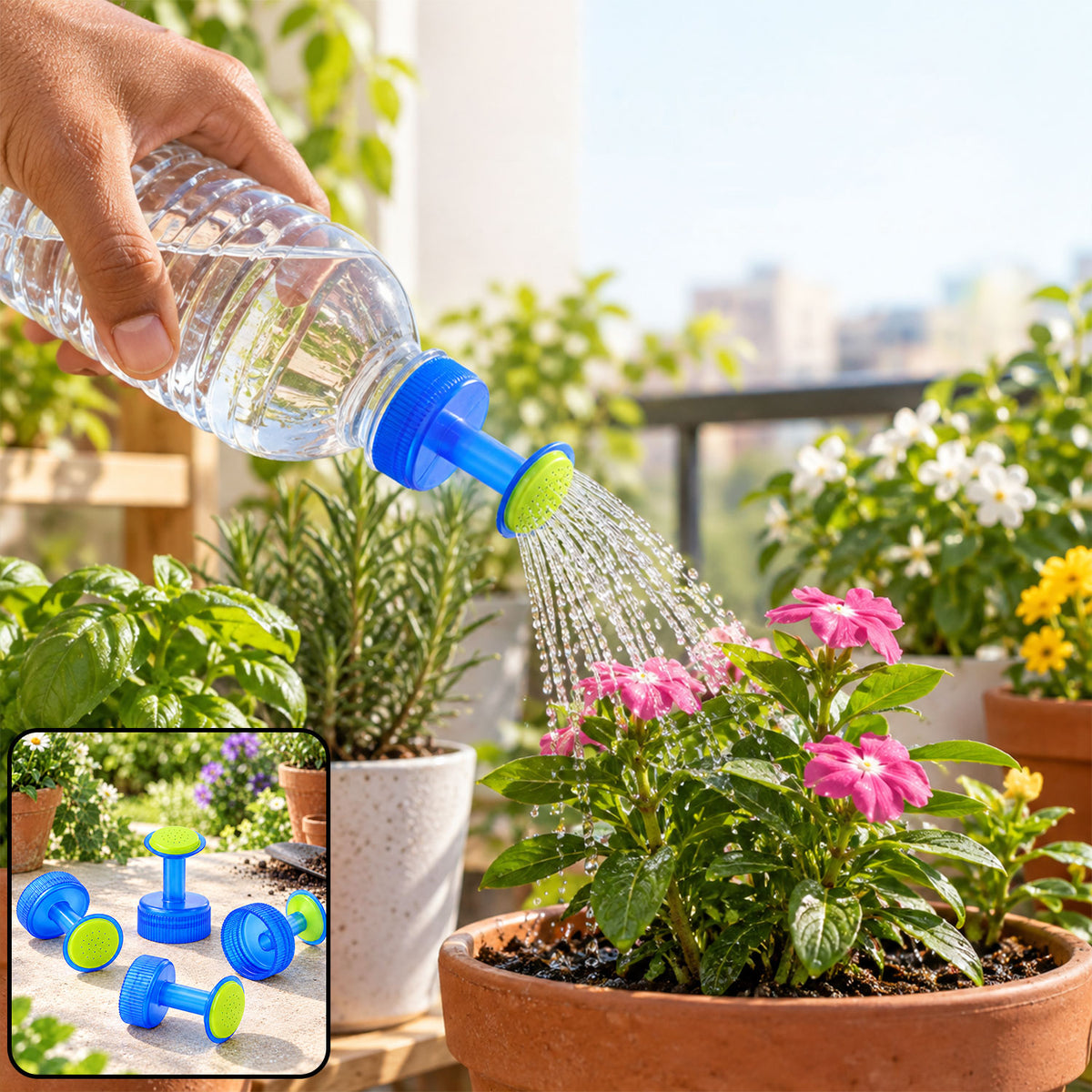 Bottle sprinkler cap watering a potted plant